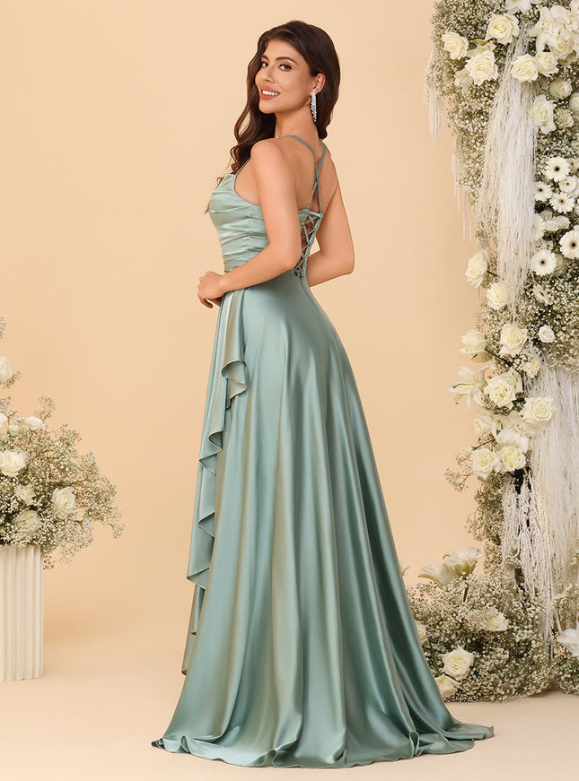 Spaghetti Straps Satin Pleated Bridesmaid Dresses with Slit