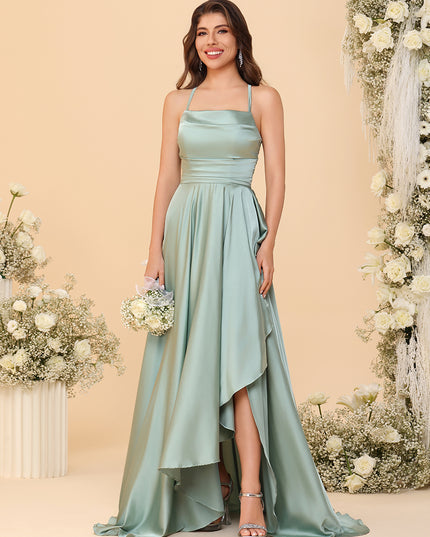 Spaghetti Straps Satin Pleated Bridesmaid Dresses with Slit