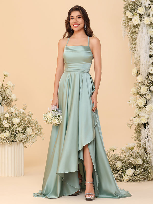 Spaghetti Straps Satin Pleated Bridesmaid Dresses with Slit