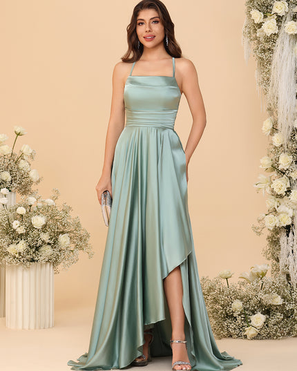 Spaghetti Straps Satin Pleated Bridesmaid Dresses with Slit