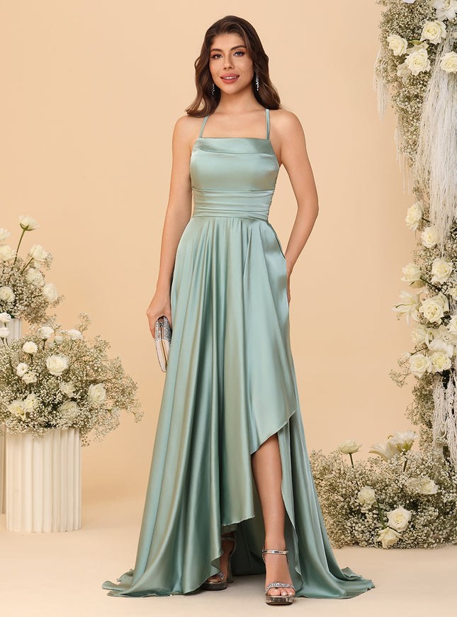 Spaghetti Straps Satin Pleated Bridesmaid Dresses with Slit