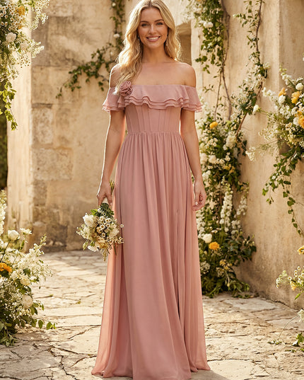 Off Shoulder Chiffon Bridesmaid Dresses Ruffles