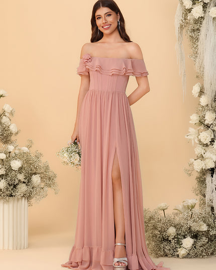 Off Shoulder Chiffon Bridesmaid Dresses Ruffles