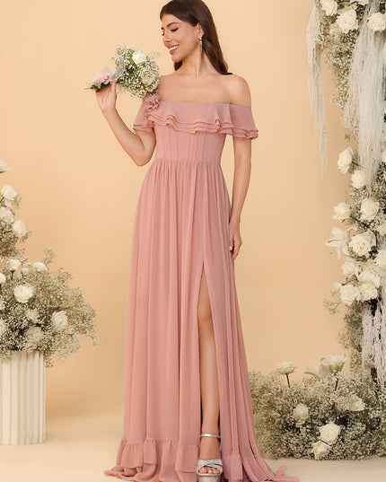 Off Shoulder Chiffon Bridesmaid Dresses Ruffles