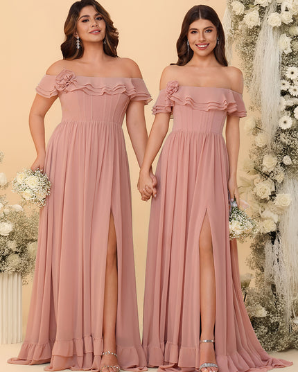 Off Shoulder Chiffon Bridesmaid Dresses Ruffles
