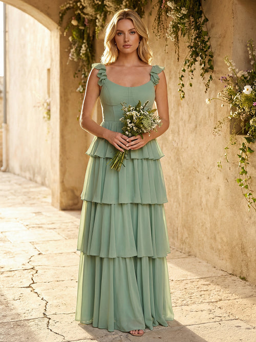 Ruffles Straps Chiffon Bridesmaid Dresses Layered with Slit