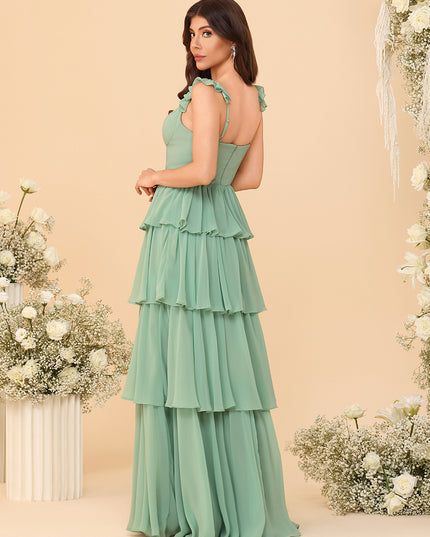 Ruffles Straps Chiffon Bridesmaid Dresses Layered with Slit