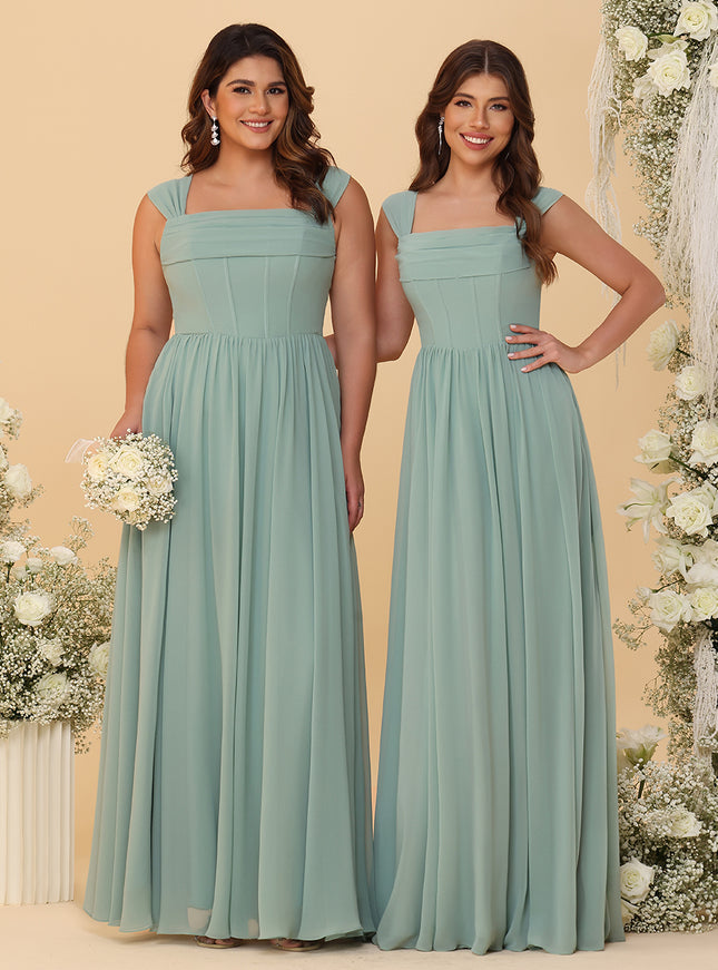 Wide Straps Chiffon Bridesmaid Dresses with Pleats