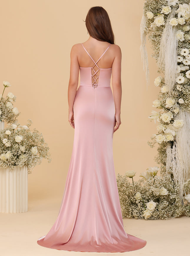 Spaghetti Straps Satin Bridesmaid Dresses with Pleats