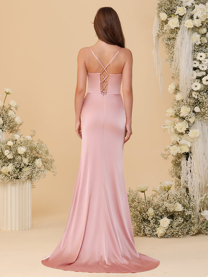 Spaghetti Straps Satin Bridesmaid Dresses with Pleats