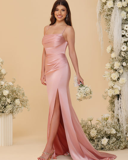 Spaghetti Straps Satin Bridesmaid Dresses with Pleats