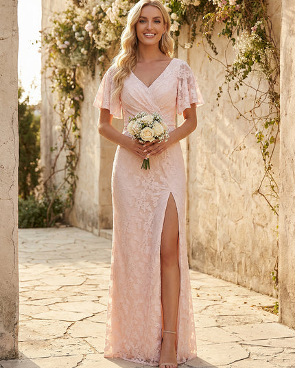 Short Sleeves Chiffon Floral Pleated Bridesmaid Dresses