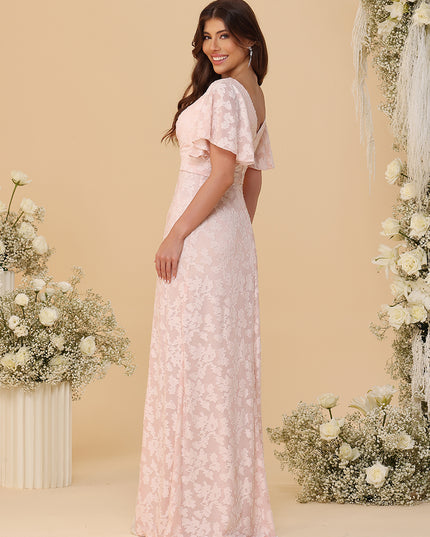 Short Sleeves Chiffon Floral Pleated Bridesmaid Dresses