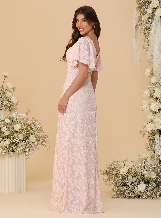 Short Sleeves Chiffon Floral Pleated Bridesmaid Dresses