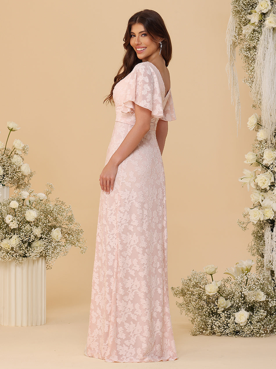 Short Sleeves Chiffon Floral Pleated Bridesmaid Dresses