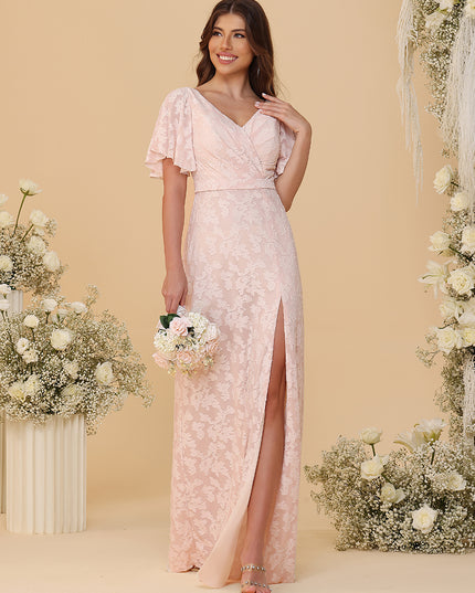 Short Sleeves Chiffon Floral Pleated Bridesmaid Dresses