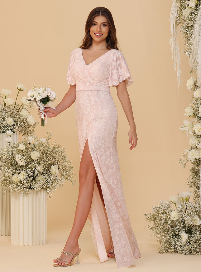 Short Sleeves Chiffon Floral Pleated Bridesmaid Dresses