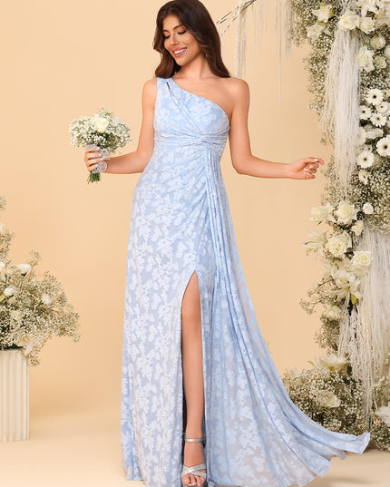 One Shoulder Chiffon Floral Bridesmaid Dresses with Slit