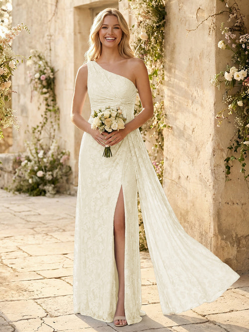 One Shoulder Chiffon Floral Bridesmaid Dresses with Slit
