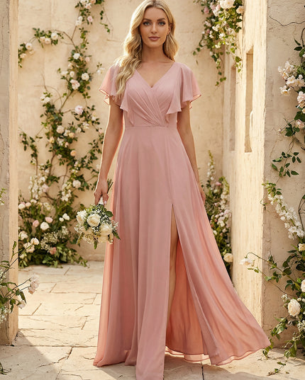 Short Sleeves V Neck Chiffon Bridesmaid Dresses with Slit