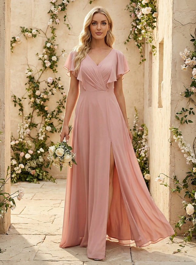 Short Sleeves V Neck Chiffon Bridesmaid Dresses with Slit