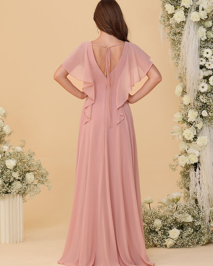 Short Sleeves V Neck Chiffon Bridesmaid Dresses with Slit