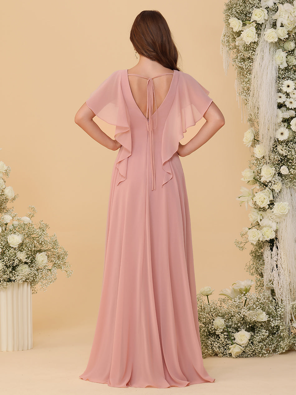 Short Sleeves V Neck Chiffon Bridesmaid Dresses with Slit