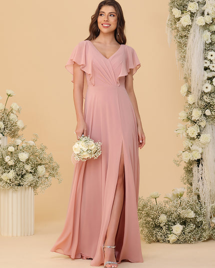 Short Sleeves V Neck Chiffon Bridesmaid Dresses with Slit