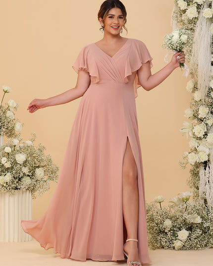 Short Sleeves V Neck Chiffon Bridesmaid Dresses with Slit