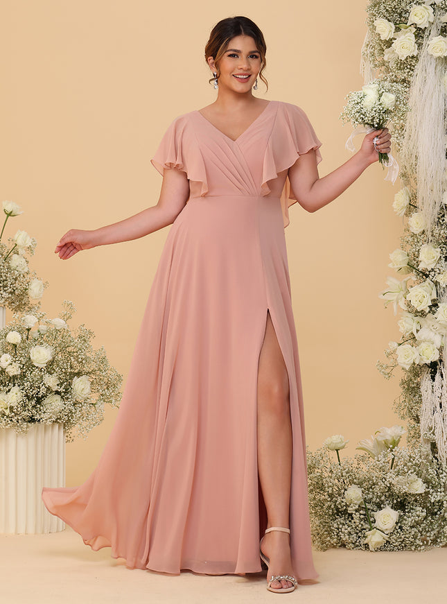 Short Sleeves V Neck Chiffon Bridesmaid Dresses with Slit