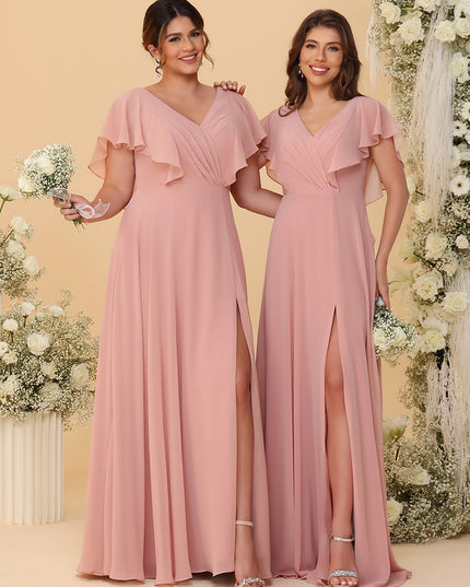Short Sleeves V Neck Chiffon Bridesmaid Dresses with Slit