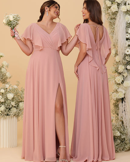Short Sleeves V Neck Chiffon Bridesmaid Dresses with Slit