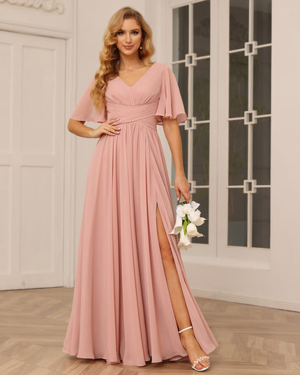 Chiffon V Neck Pleated Short Sleeves Bridesmaid Dresses with Slit