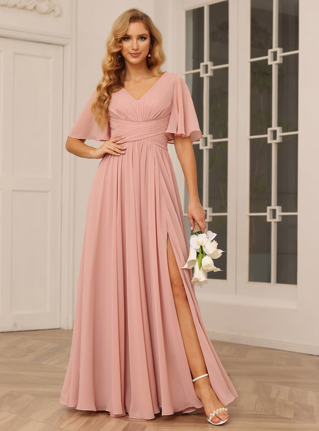 Chiffon V Neck Pleated Short Sleeves Bridesmaid Dresses with Slit