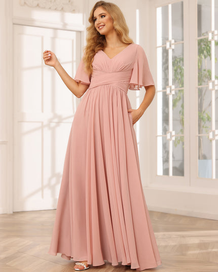 Chiffon V Neck Pleated Short Sleeves Bridesmaid Dresses with Slit