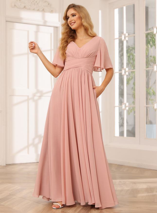 Chiffon V Neck Pleated Short Sleeves Bridesmaid Dresses with Slit