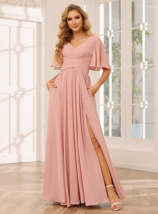 Chiffon V Neck Pleated Short Sleeves Bridesmaid Dresses with Slit