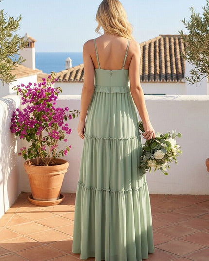 Tiered Spaghetti Straps V-Neck Bridesmaid Dresses Ruched Chiffon A-Line Wedding Guest Gowns