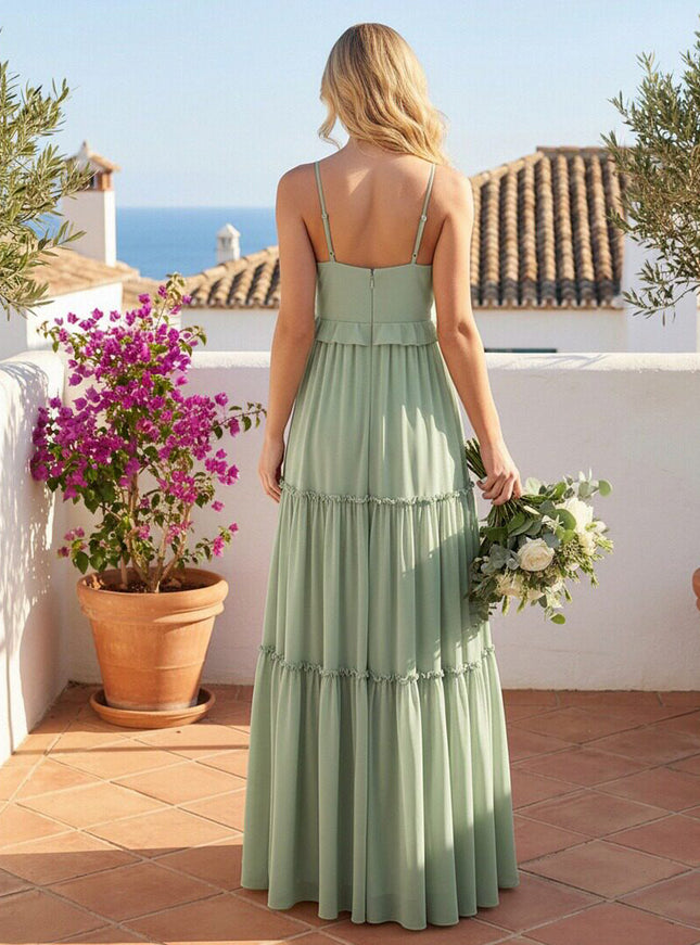 Tiered Spaghetti Straps V-Neck Bridesmaid Dresses Ruched Chiffon A-Line Wedding Guest Gowns