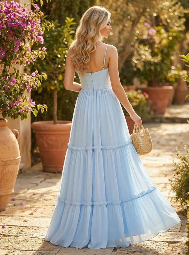 Pleated Corset Bodice Chiffon Ruffle Maxi Bridesmaid Dresses with Spaghetti Straps