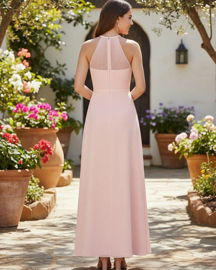 Halter Maxi Bridesmaid Dresses Illusion Pleated Chiffon Wedding Guest Gowns