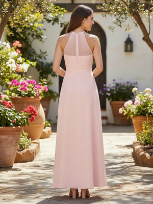 Halter Maxi Bridesmaid Dresses Illusion Pleated Chiffon Wedding Guest Gowns
