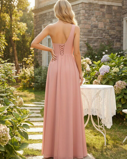 Chiffon One Shoulder Corset Pleated Bridesmaid Dresses with Slit