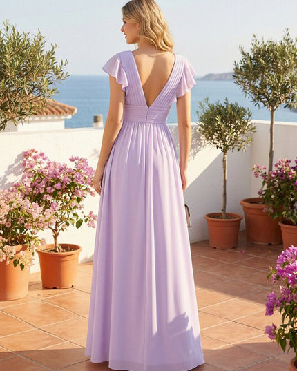 Chiffon V Neck Ruffles Pleated Bridesmaid Dresses with Slit