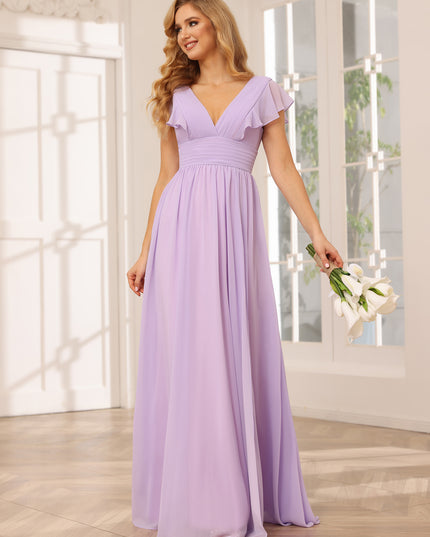 Chiffon V Neck Ruffles Pleated Bridesmaid Dresses with Slit