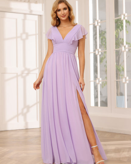 Chiffon V Neck Ruffles Pleated Bridesmaid Dresses with Slit