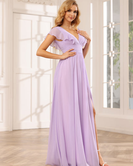Chiffon V Neck Ruffles Pleated Bridesmaid Dresses with Slit