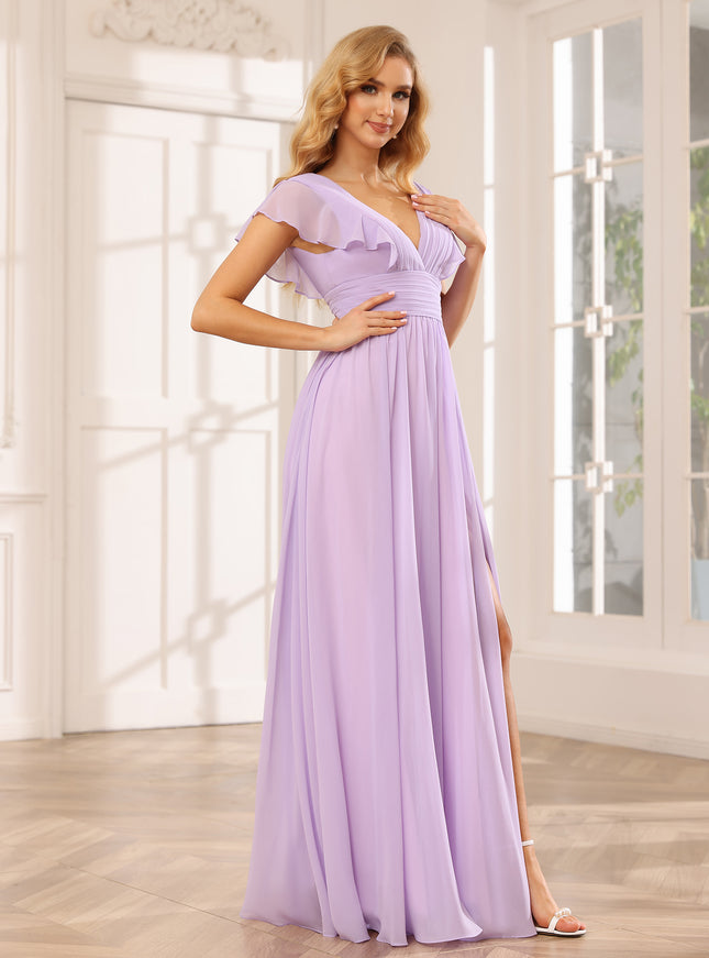 Chiffon V Neck Ruffles Pleated Bridesmaid Dresses with Slit