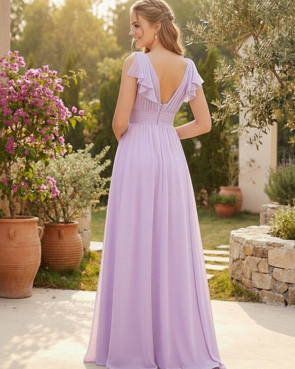 Chiffon V Neck Bow A Line Pleated Bridesmaid Dresses