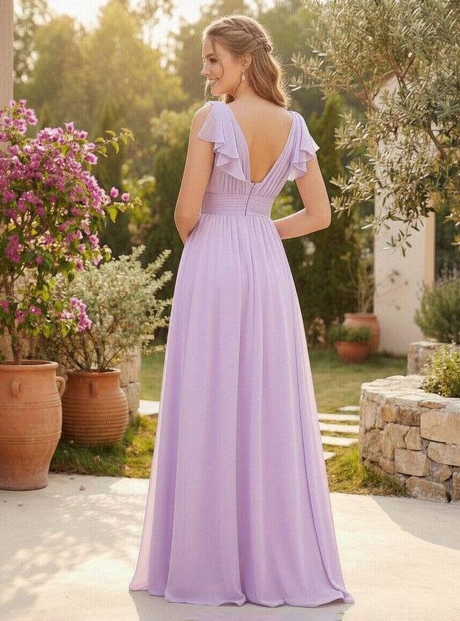 Chiffon V Neck Bow A Line Pleated Bridesmaid Dresses